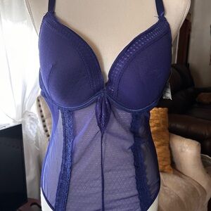 Women’s Negligee Teddy Lingerie Body Suit Blue Sheer Bustier Mesh Plunge Teddy